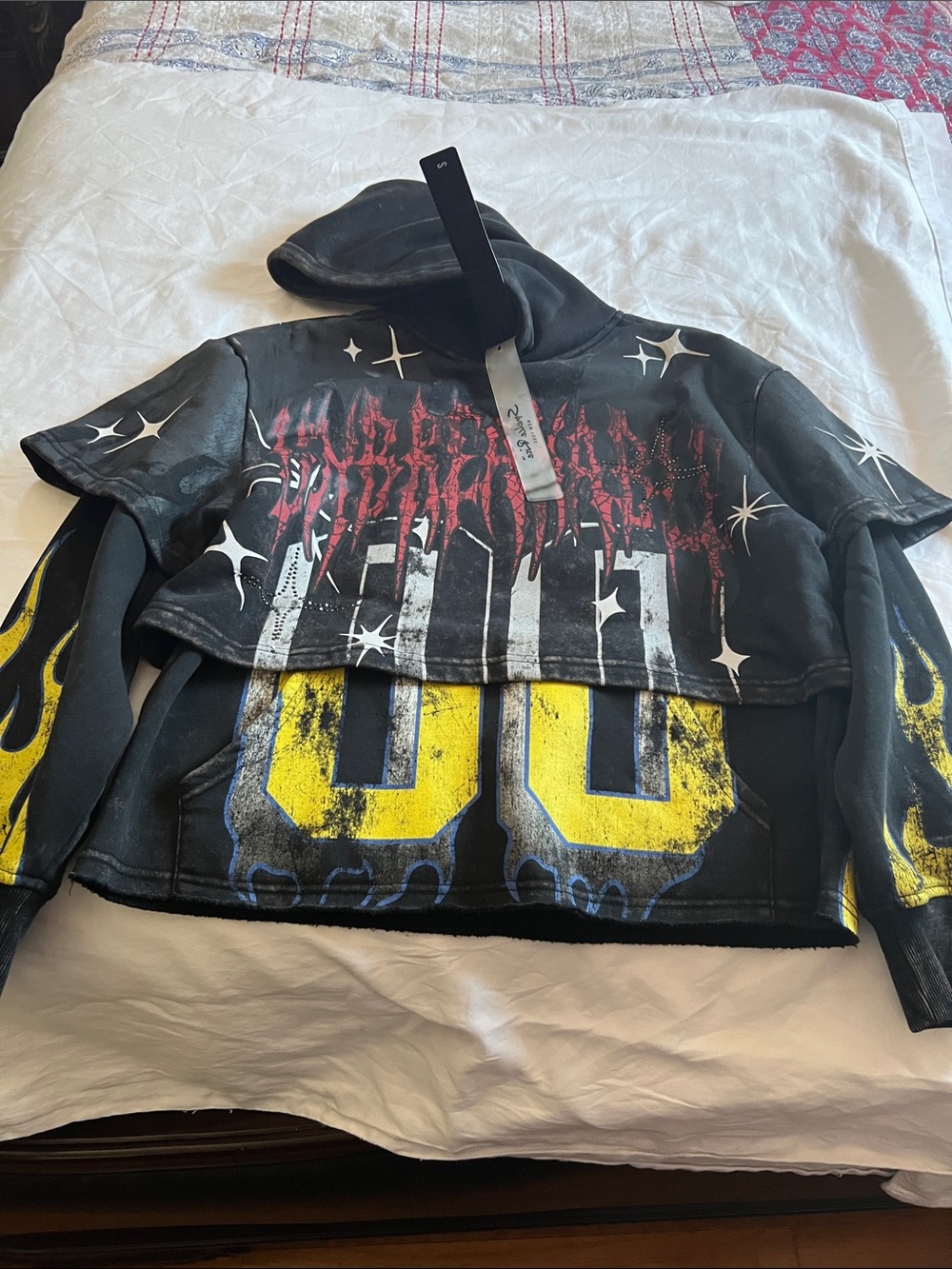 Kids Black Graphic Hooded Jacket with Yellow Number and Flame Details